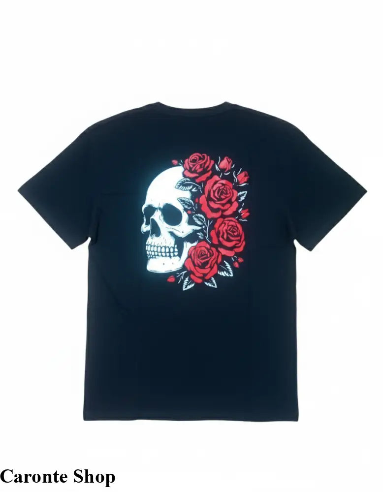 Camisa Negra Estampada Cráneo con Rosas